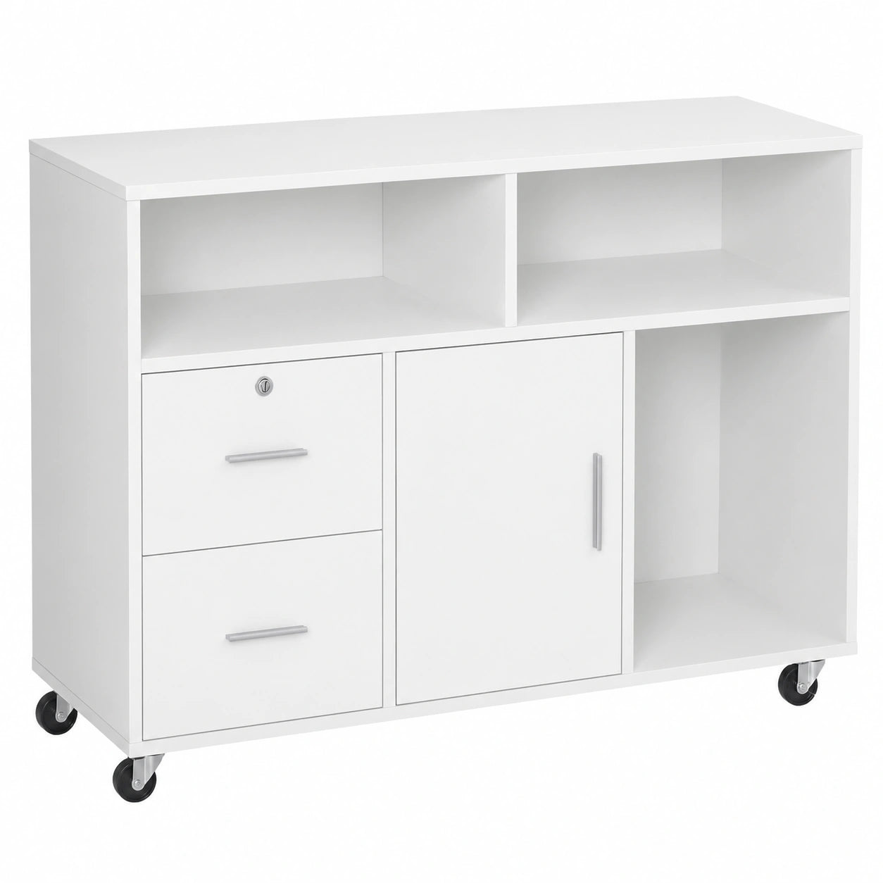 Mobile Porta Stampante a Rotelle, 100 × 35 × 65 cm, Bianco, 2 Cassetti Chiudibile a Chiave, 3 Ripiani e Armadietto