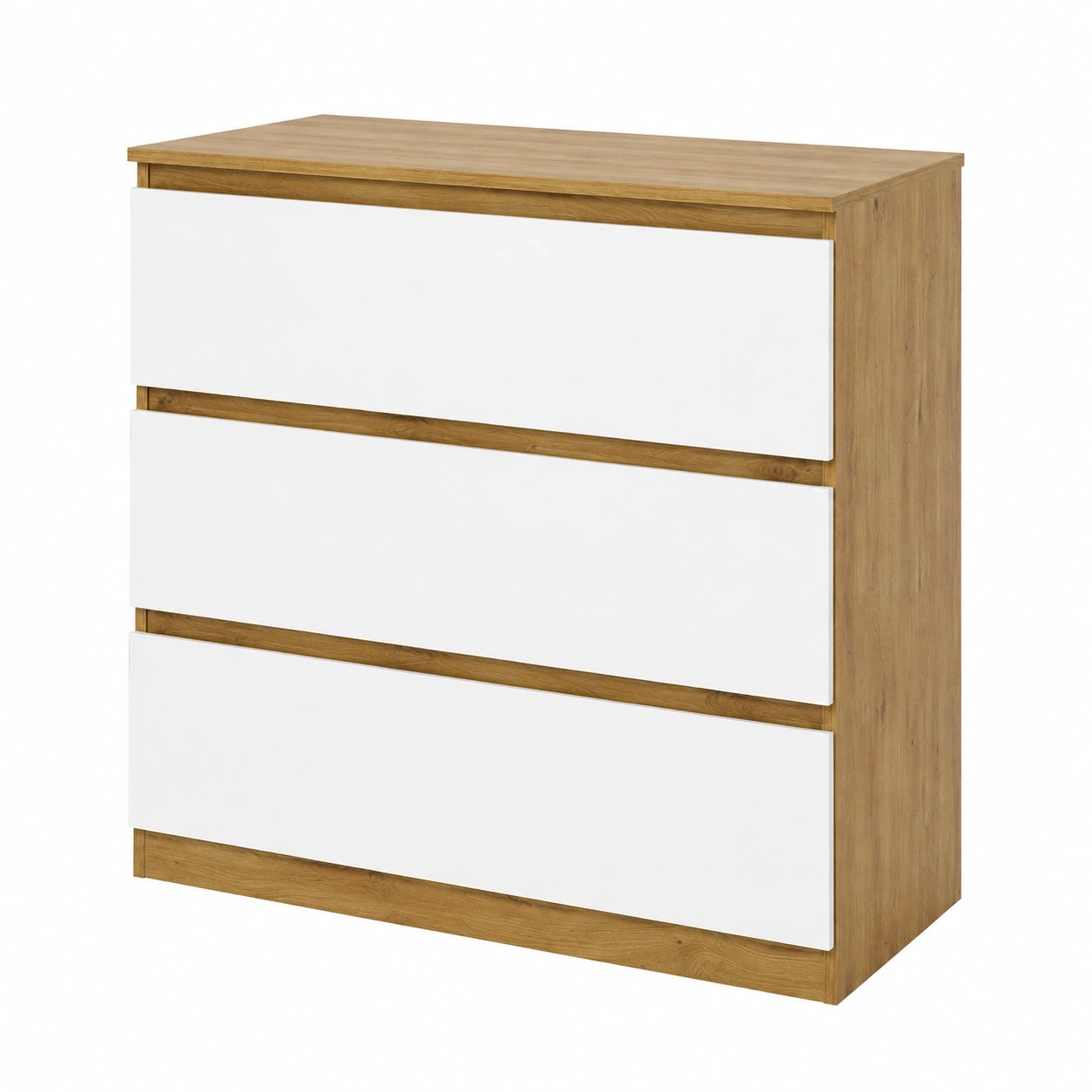 Cassettiera Camera da Letto 3 Cassetti Mobile con Cassetti Moderno Bianco Lucido ed Effetto Rovere Senza Maniglie Comò per Soggiorno Ingresso Ufficio