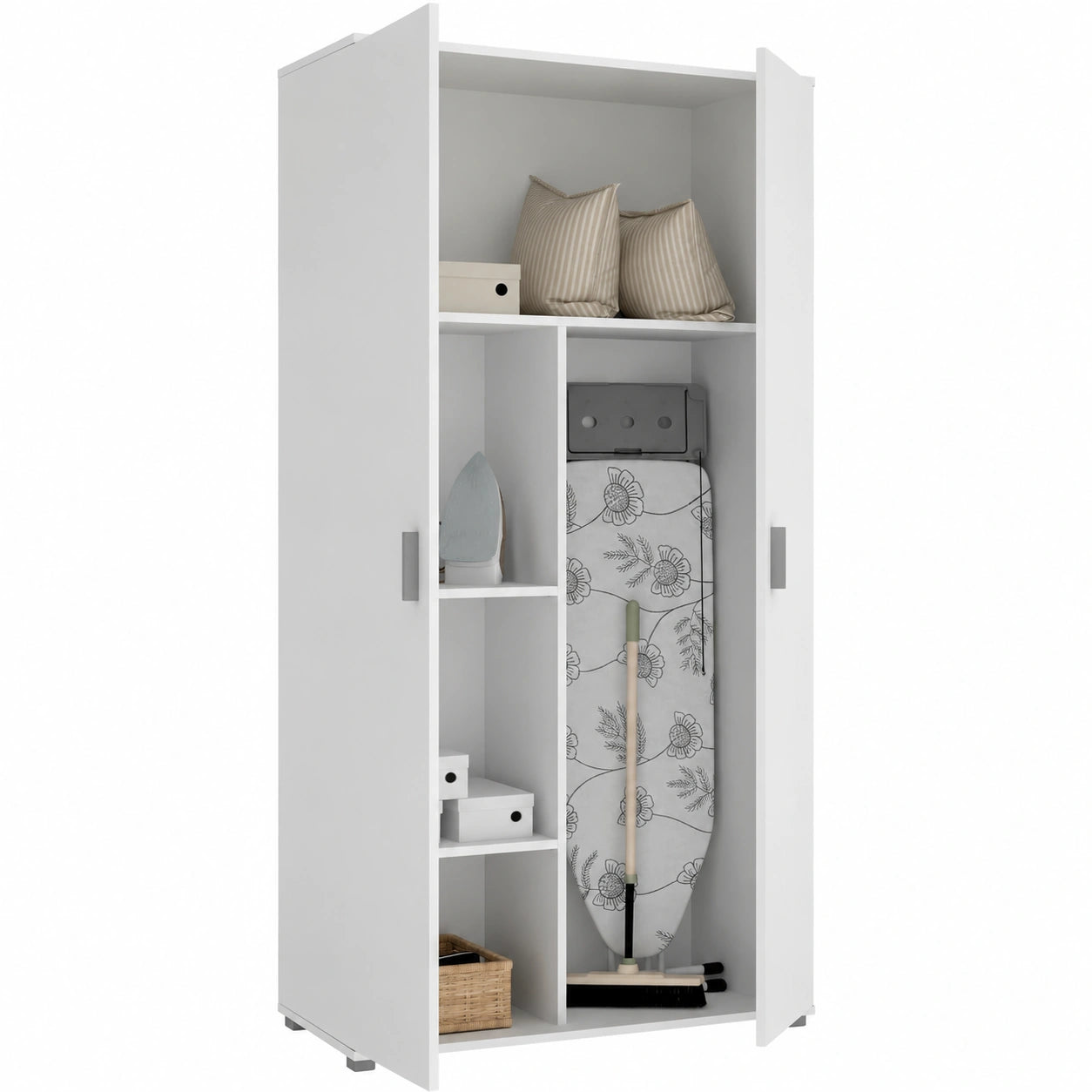Armadio multiuso 2 ante Forcola, Mobile multifunzione porta scope, Guardaroba porta scarpe, 78 × 35h190 cm, Bianco