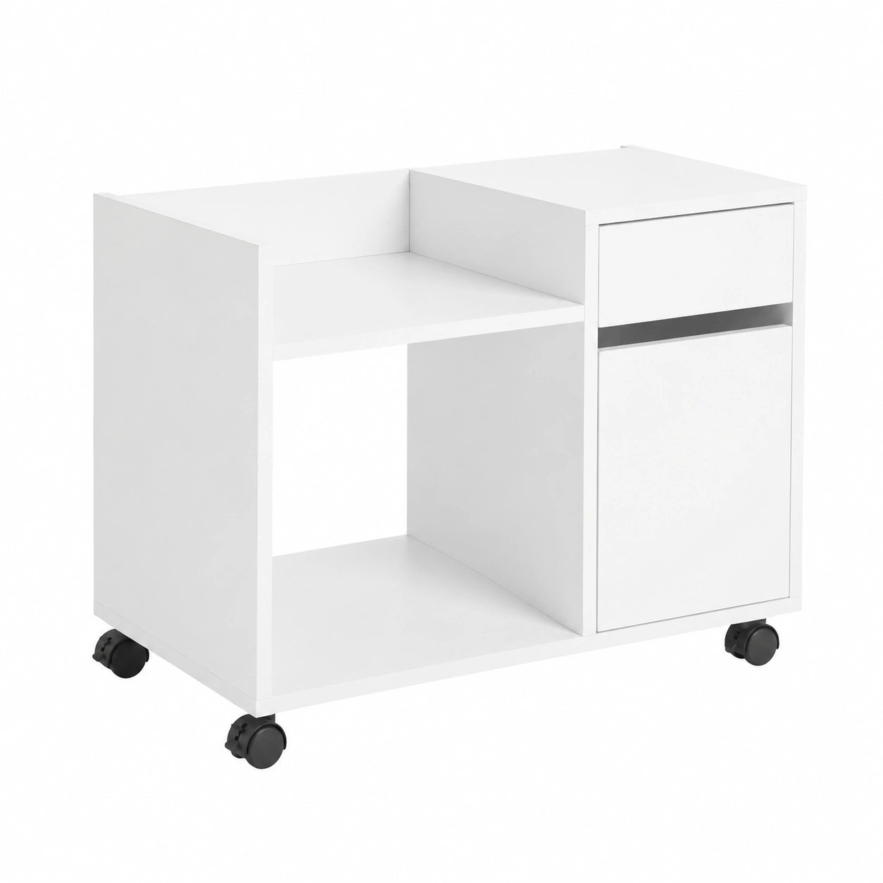 Cassettiera con Ruote Portata fino a 38kg 72 × 40 × 54cm Ufficio, mobile stampante con cassetto, anta e vano aperto, PB E1 ASK02-W