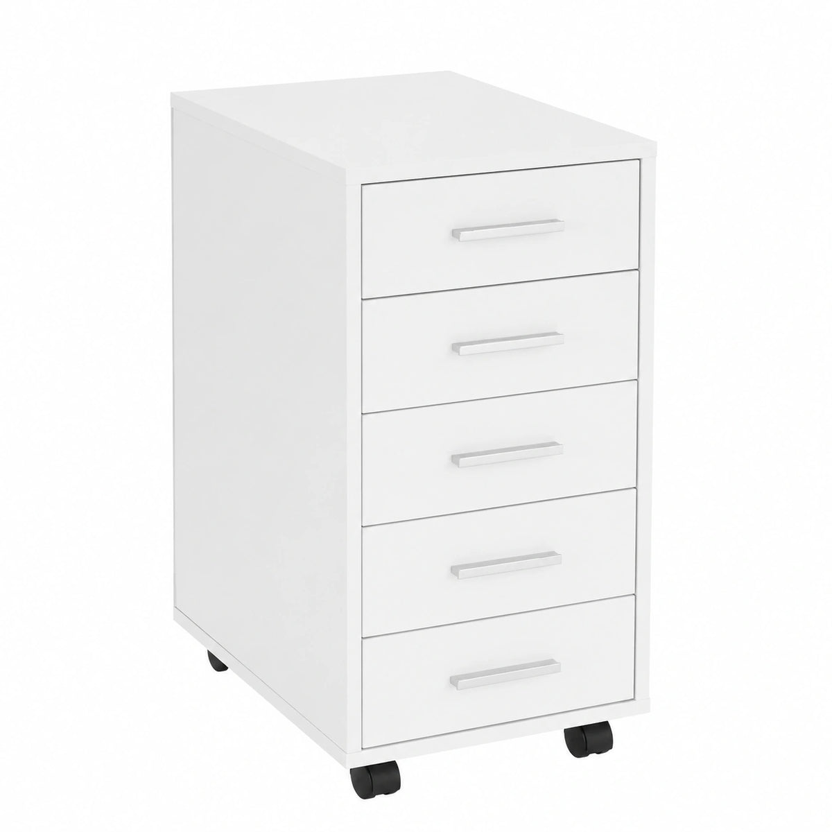 Cassettiera Mobile da Ufficio 33 × 38 × 63,5 cm Bianco con 5 Cassetti Rivestimento a Melamina e Maniglie in Alluminio, Mobiletto Archivio Documenti