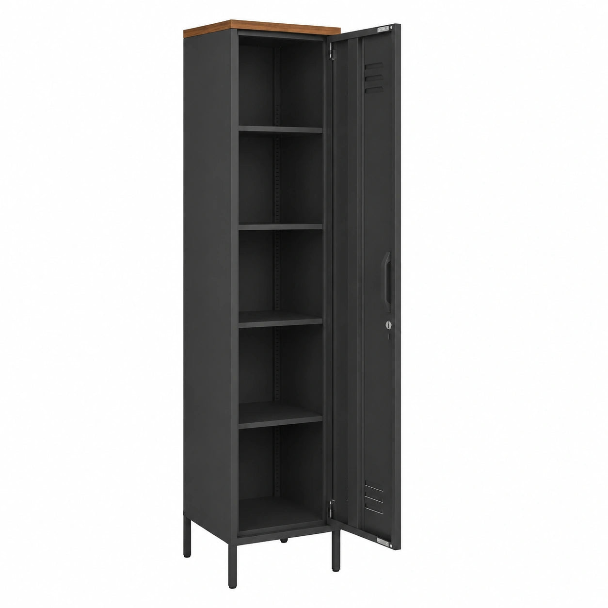 Armadietto Spogliatoio 35 × 46 × 183 cm Nero e Marrone Effetto Legno, Slim in Metallo, Chiusura a Chiave, Ripiani Regolabili, Armadio Metallico